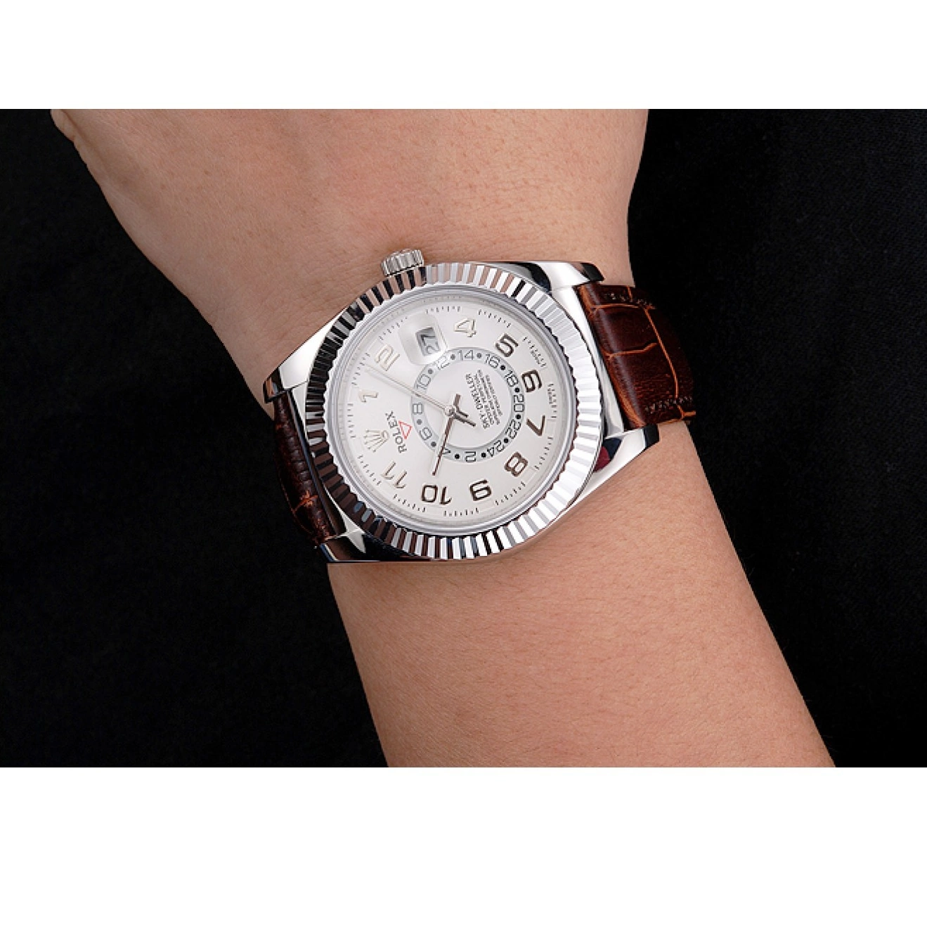 Good copy rolex watches Stainless Case Dweller Sky Rolex White Steel Dial Strap Brown Leather 0715